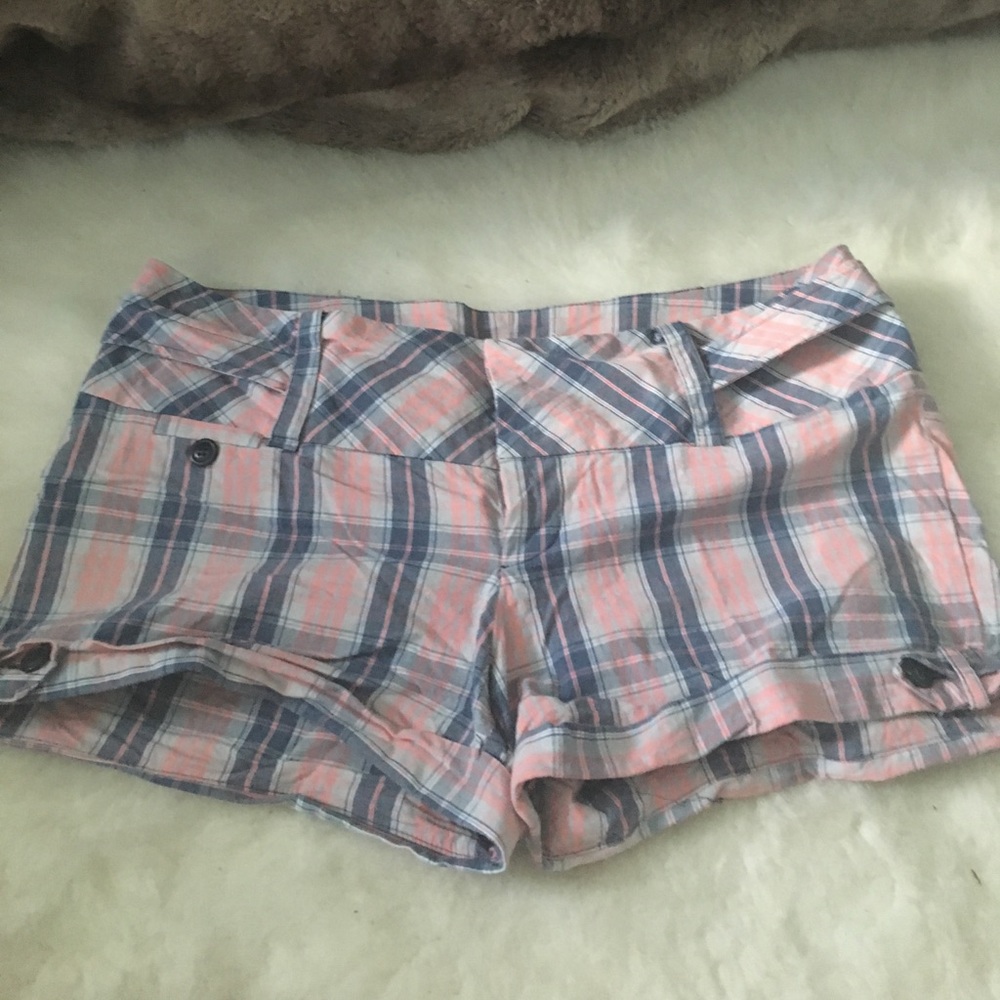 Pink blue and grey plaid shorts
