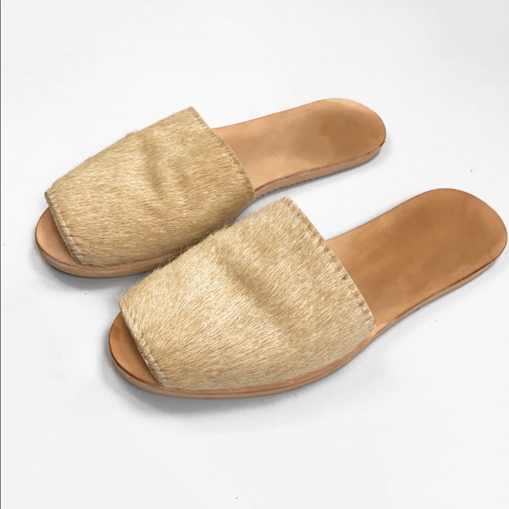 Hair on hide minimal leather slide sandals mules