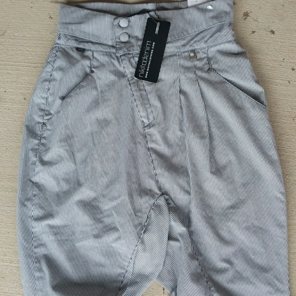 High Waist Pinstripe Denim Pants.