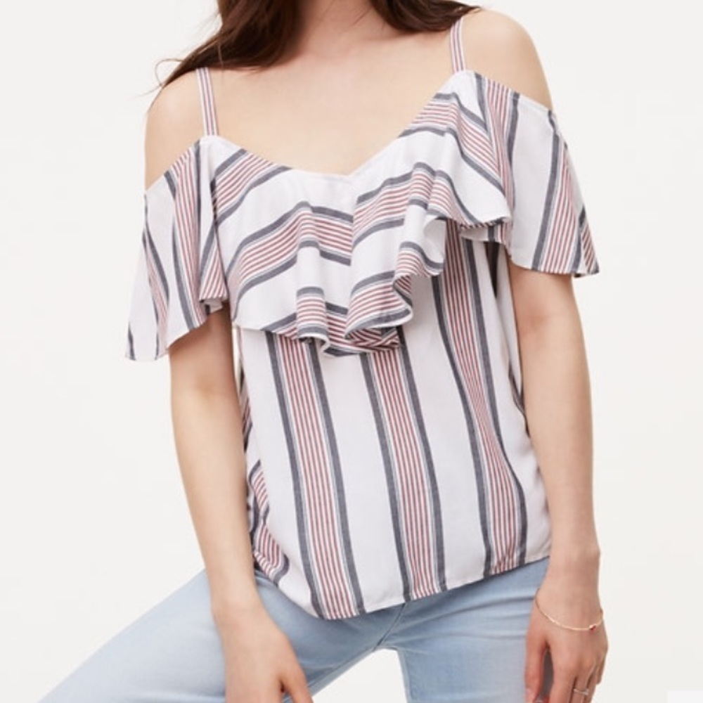 LOFT Striped Ruffle Cold Shoulder top
