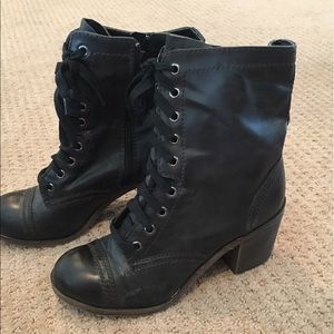 Black Fake Leather Heeled Combat Boots