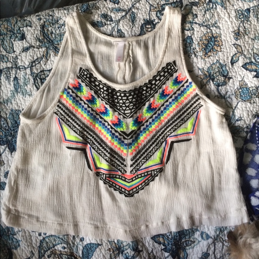 Crop top with neon pink, blue and green stitching!