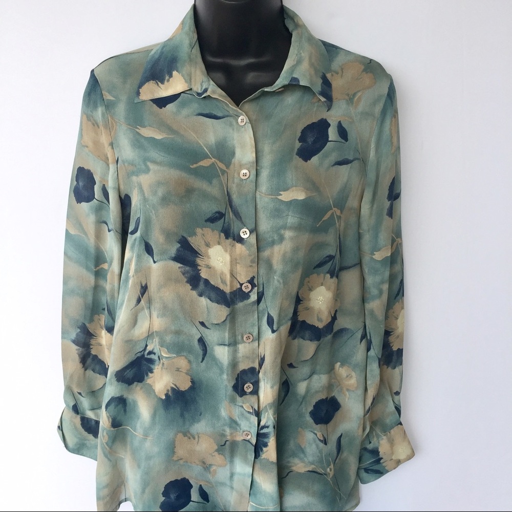 Silk blue print button down