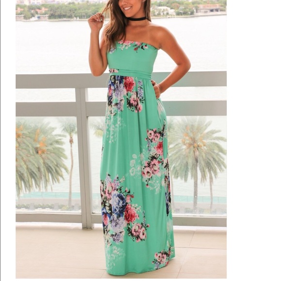 Mint and Pink Floral Strapless Maxi Dress - Picture 2 of 3