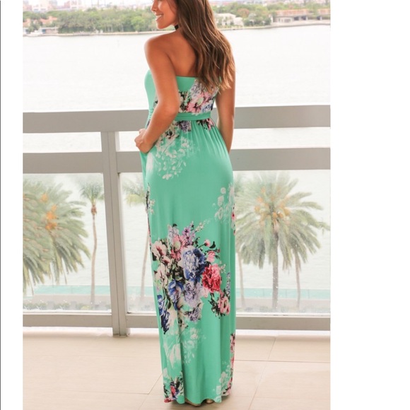 Mint and Pink Floral Strapless Maxi Dress - Picture 3 of 3