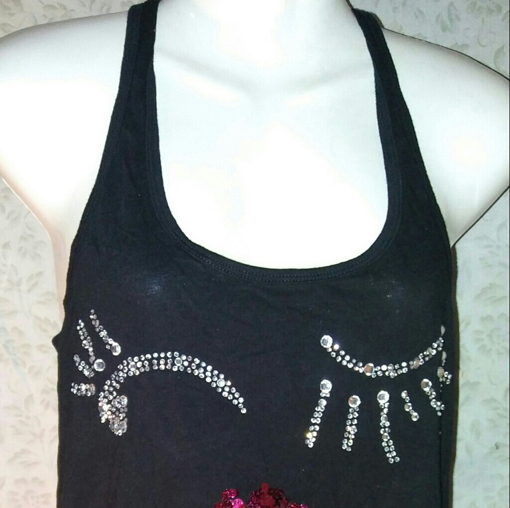 Black smooch face glitter design halter top