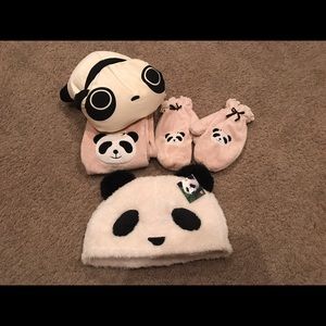 Panda hat, toy, scarves and gloves