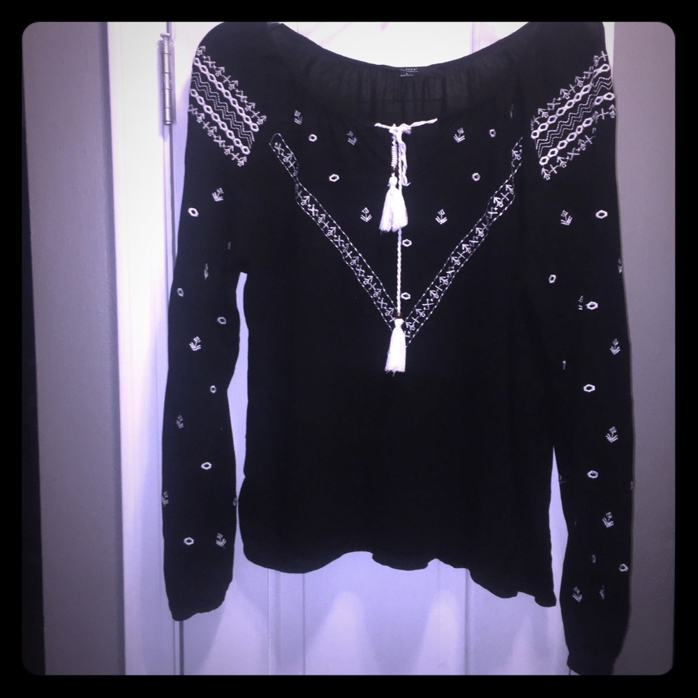 Black Embroidered Peasant Top