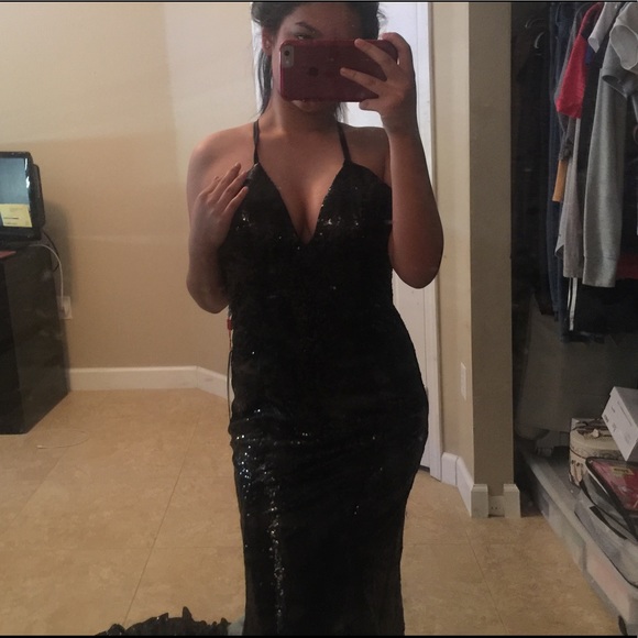 Black sequin prom dress mermaid backless - Picture 1 of 3