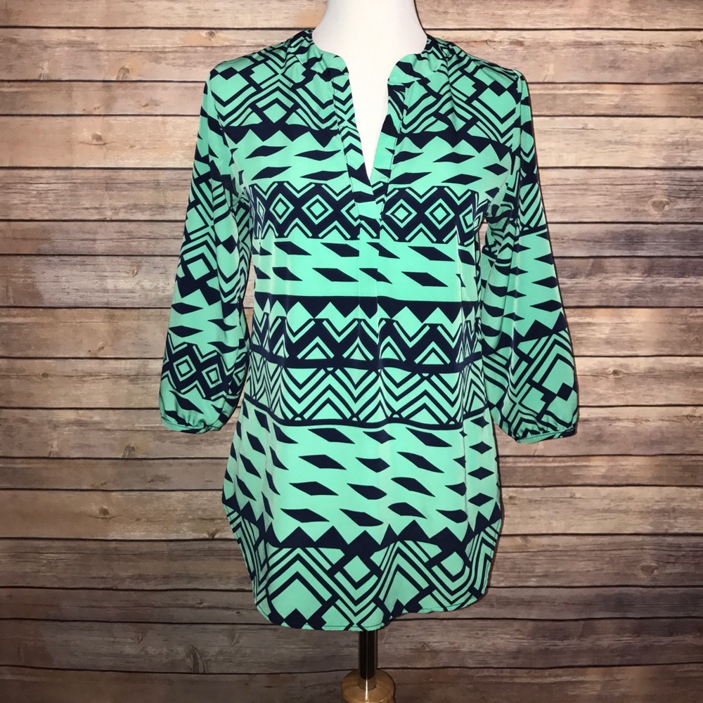 green + dark blue blouse