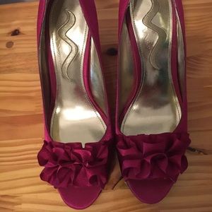 Nina Wedges - Pink Satin - Ruffle Front