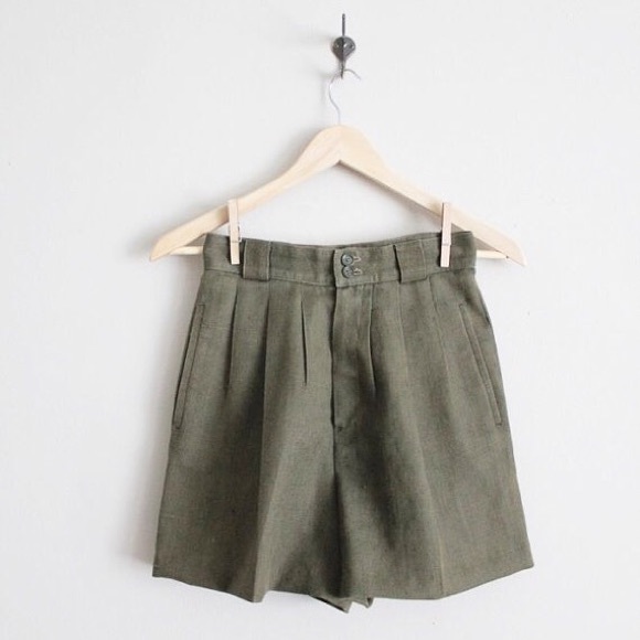 Pants - Army Green Linen High Waist Shorts