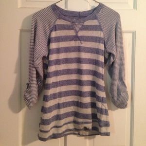 Blue and gray striped 3/4 length sweater