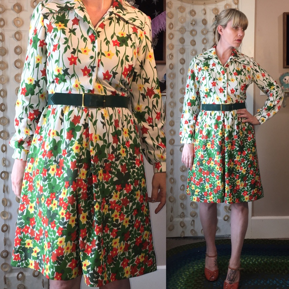Vintage SPRING FLORAL Belted 70's SHIFT Dress