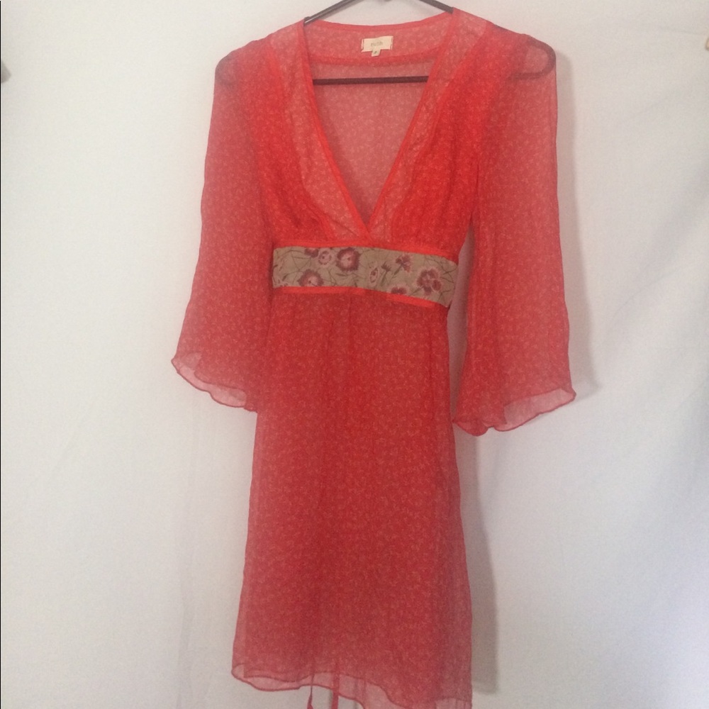 Red chiffon floral print Asian boho hippie top