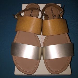Womens Double Strap Brown and Gold Sandal