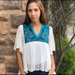 Turquoise Embroidered lace blouse