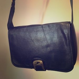 Vintage black leather FENDI bag with striped inlay