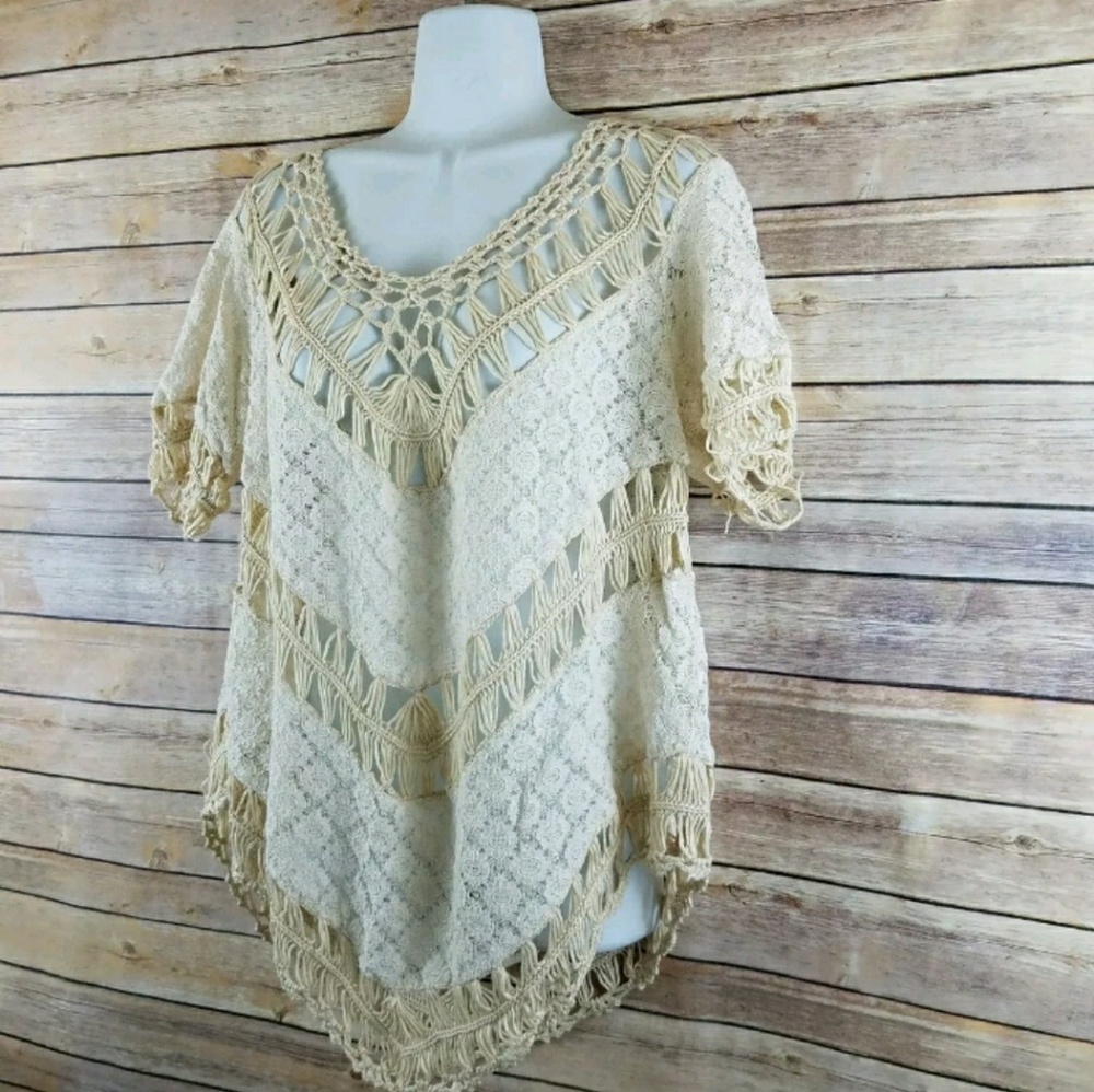 Umgee Crochet Lace Boho Vneck Slochy Top M