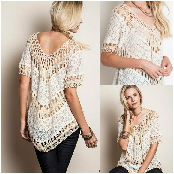 Umgee Crochet Lace Boho Vneck Slochy Top M - Picture 2 of 8