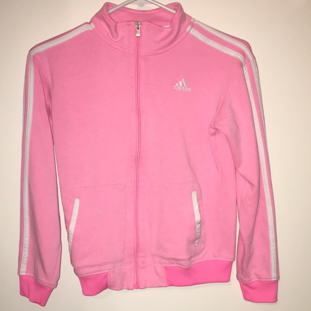 Pink adidas sweater with white stripes