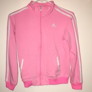 Pink adidas sweater with white stripes