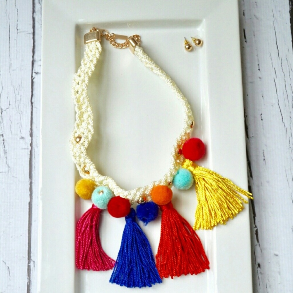 Pom Pom Tassel Colorful Necklace Earring Set