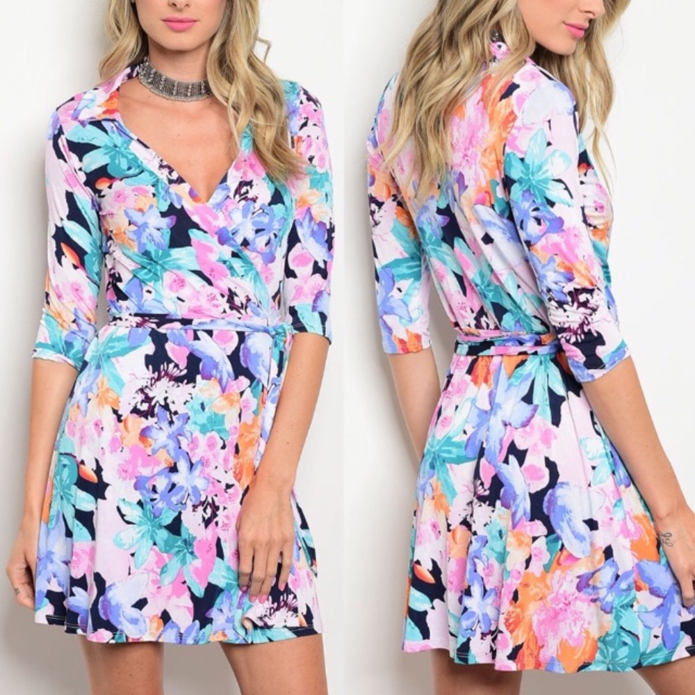 💙 LAST ONE 💙 Navy Jade Pink Floral Wrap Dress