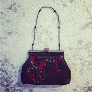 Black beaded floral satin evening clutch purse Black beaded floral satin evening clutch purse