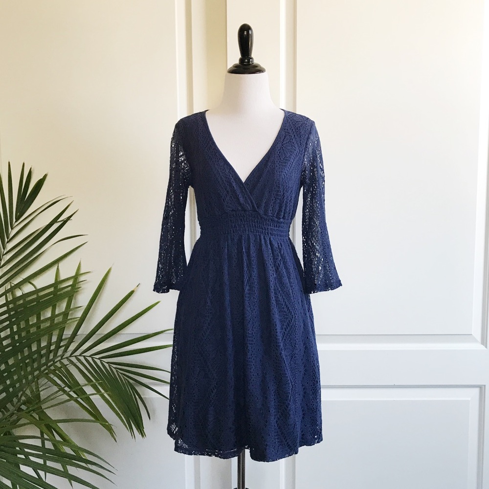Ella Moss Blue Crotchet V Neck Dress