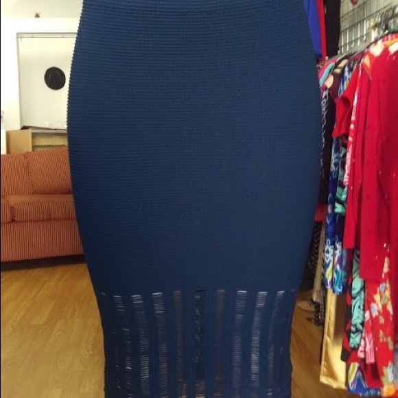 BCBG Navy blue midi pencil skirt mesh on bottom seamless - Picture 1 of 5