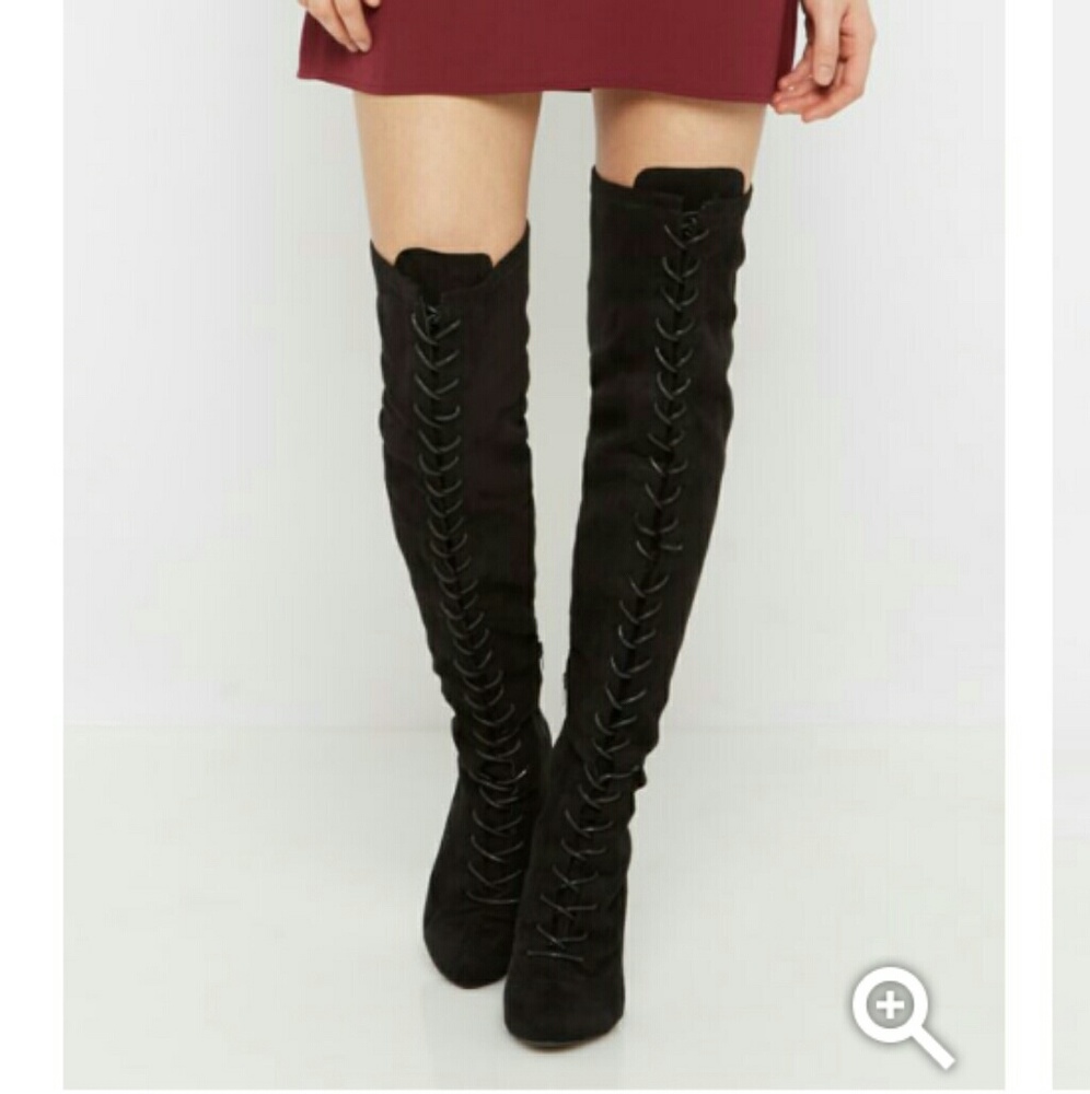 Over knee black lace up heeled boots