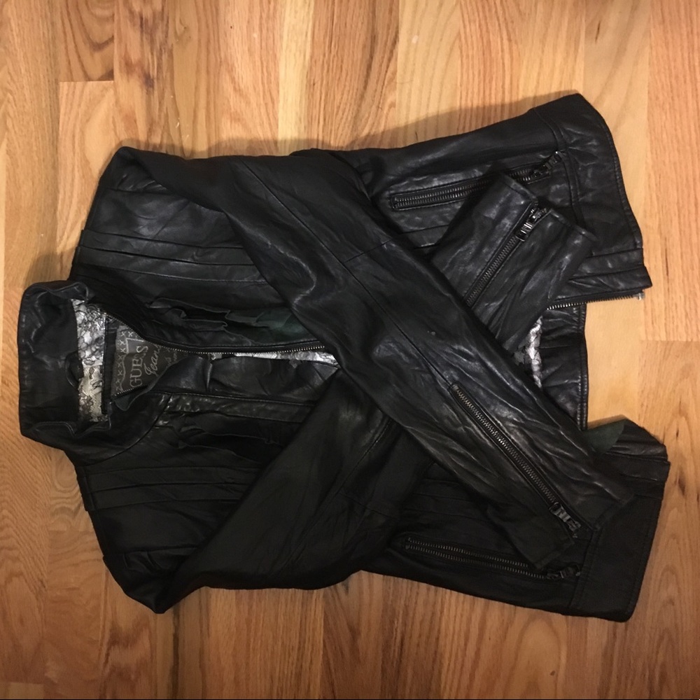 Leather jacket with ruffle trim
