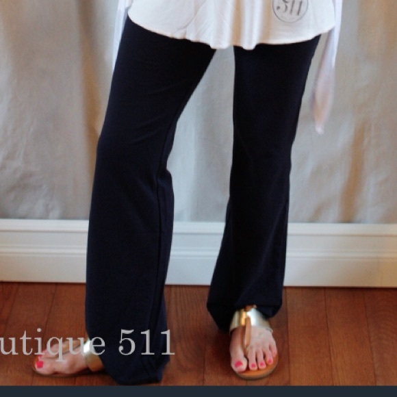 Navy Straight Legged, Fold Top Yoga Pants - Picture 1 of 3