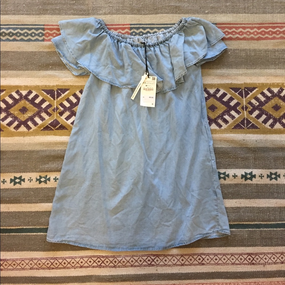 Zara faux denim off the shoulder dress sz XS