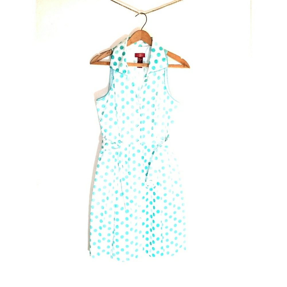 Summer Teal and White Polka Dot Dress, Belted Dres