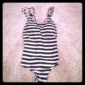 A one piece, navy and white bathing suit!