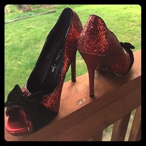 Sparkly Ruby Red Peep Toe Spike Heels w/Black Bows