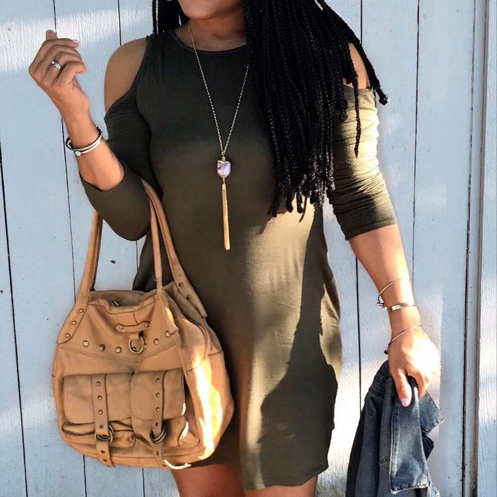 LAST ONE! Army green cold shoulder dress CUTE! NEw - Picture 4 of 5