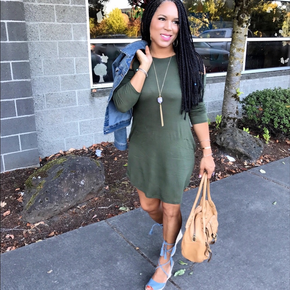 LAST ONE! Army green cold shoulder dress CUTE! NEw - Picture 2 of 5