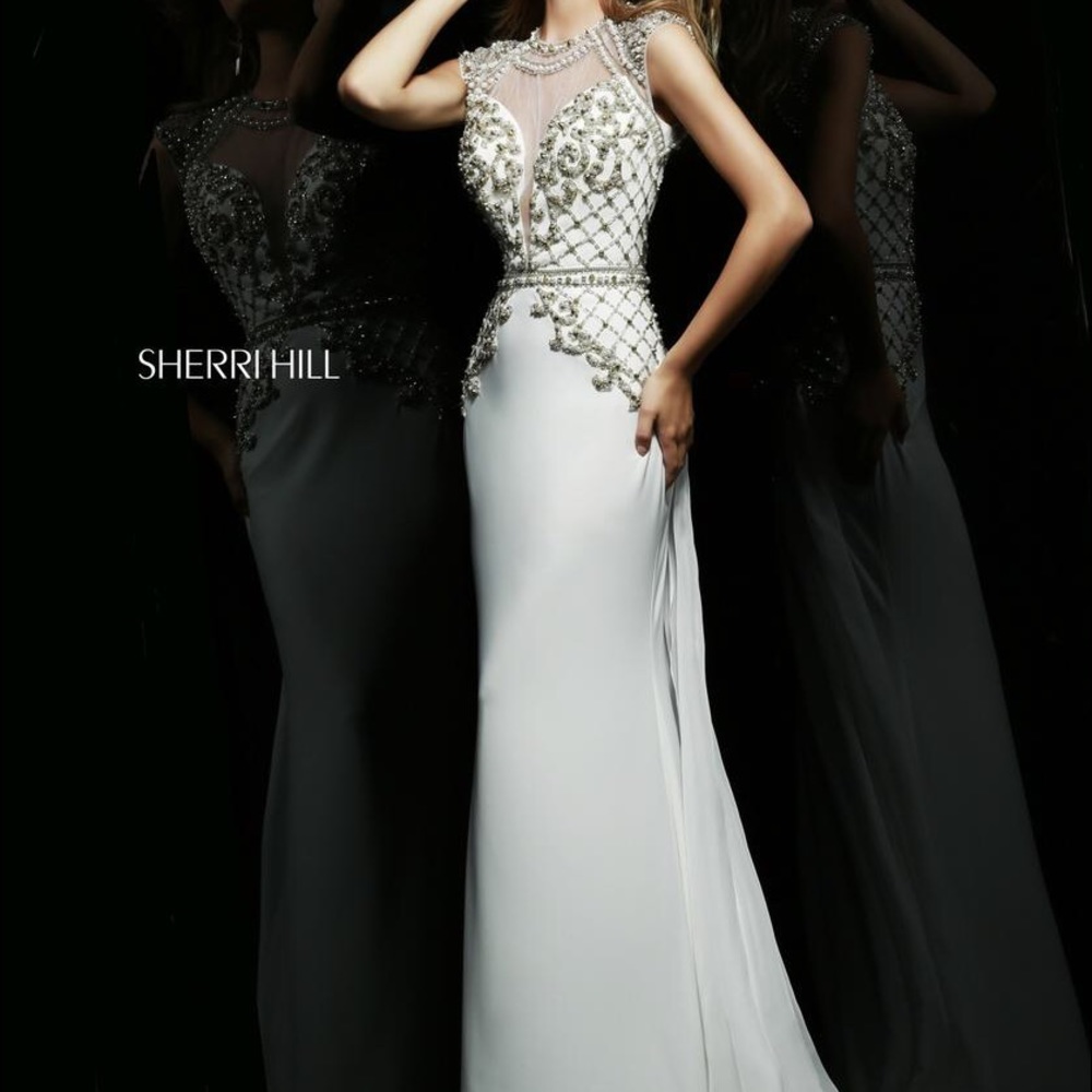 Sherri Hill White Low Back Jersey Prom Dress