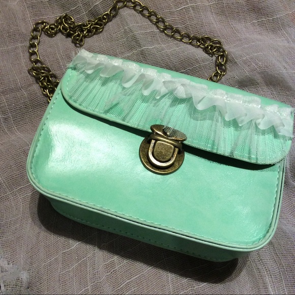 🌸 MINT GREEN CROSS BODY PURSE LONG HANDLES BOHO TOTE CHAIN CASUAL RUFFLE CUTE - Picture 5 of 6
