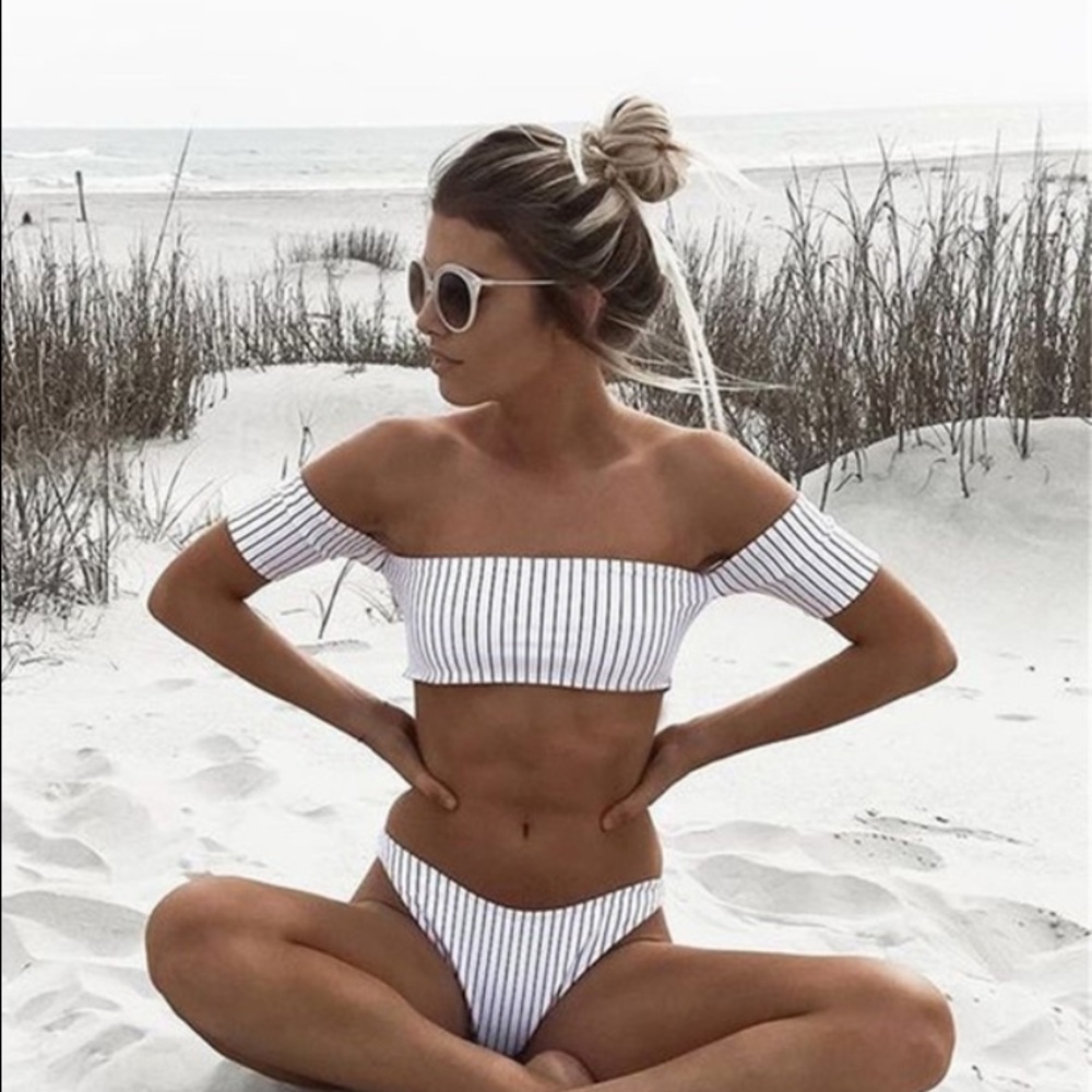 White Off-Shoulder Striped Bikini