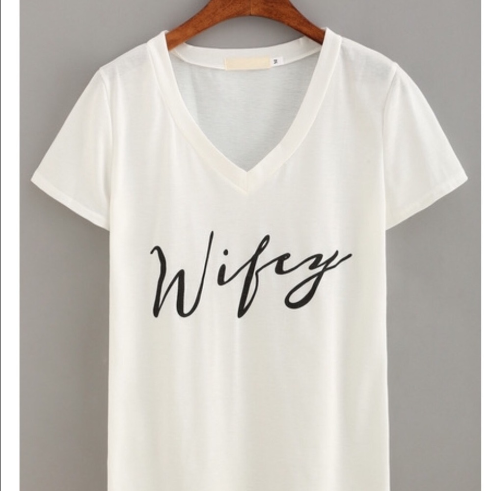 V-Neck White Printed "Wifey" Tee