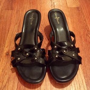 COLE HAAN Black and Cork Studded Wedge Sandals