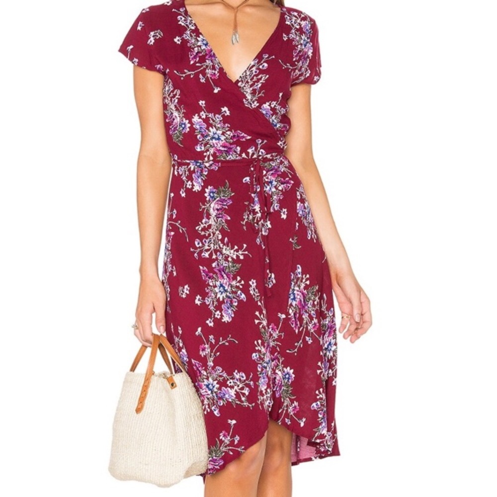 Maroon pink blue floral wrap dress
