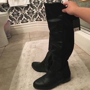 Black faux leather tall boots