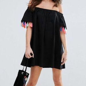 black off the shoulder dress w multicolor tassel