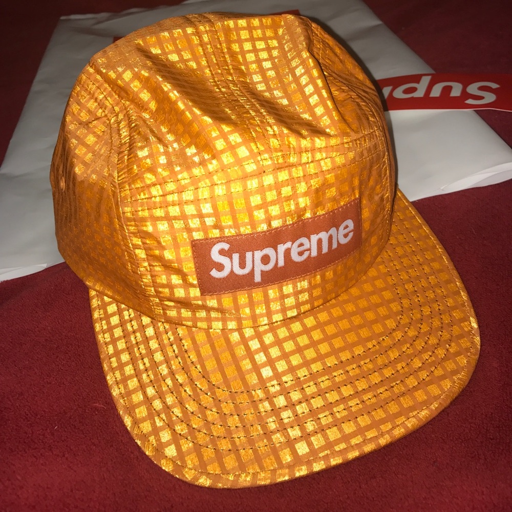 SUPREME Orange Metallic Check Camp Cap