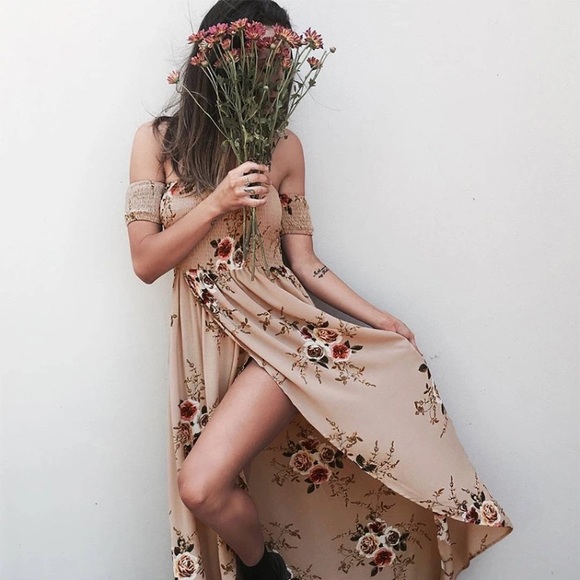 Tan Floral Slit Chiffon Flow Maxi Dress - Picture 2 of 3